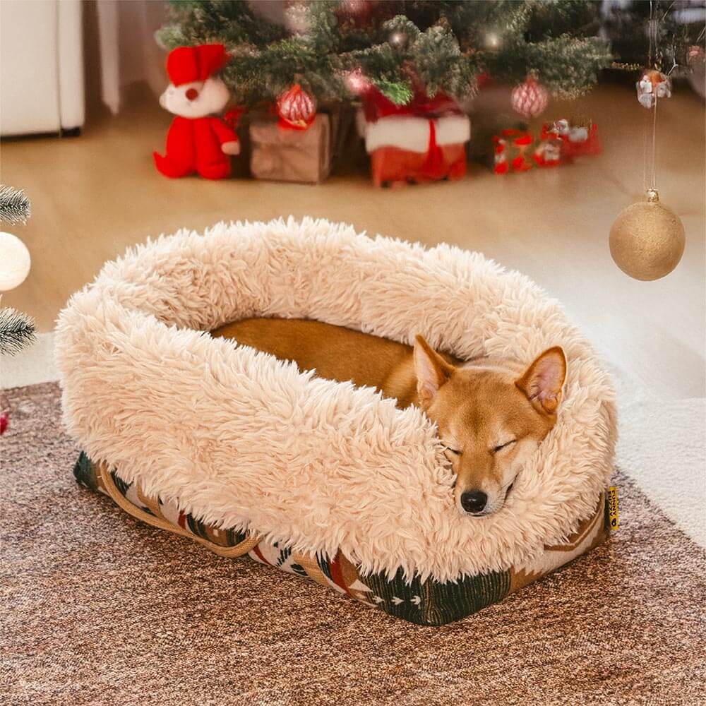 Boho-Haustierträger in Grün/Braun, wendbar als weiches Tierbett für kleine Hunde & Katzen.