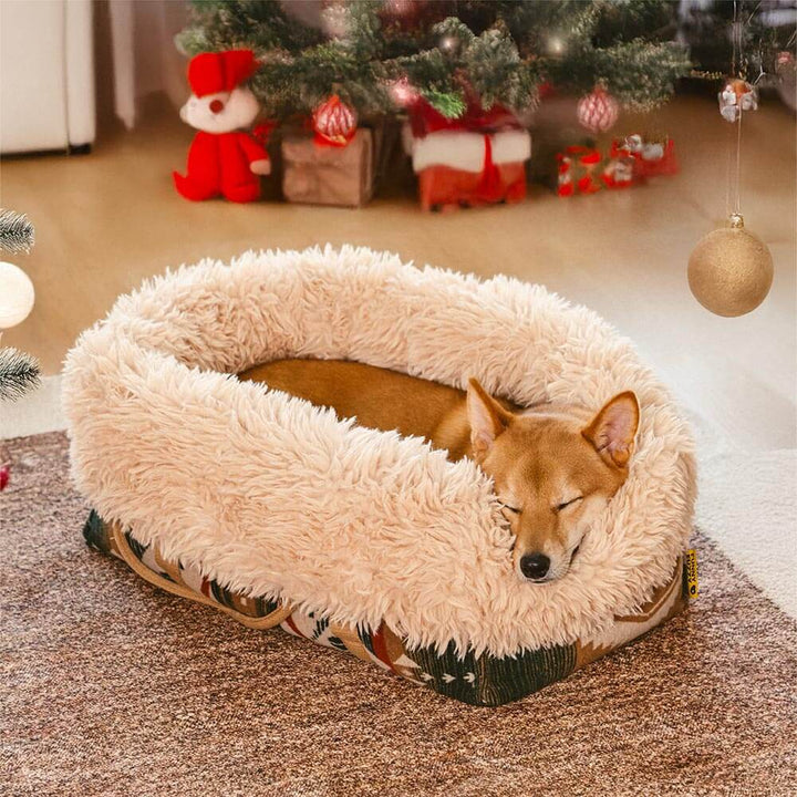 Boho-Haustierträger in Grün/Braun, wendbar als weiches Tierbett für kleine Hunde & Katzen.
