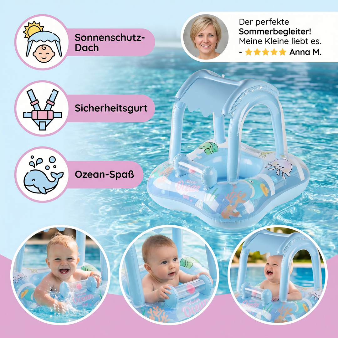 Aufblasbarer Baby Schwimmring mit fröhlichem Ozean-Motiv & Dach für Sommer-Wasserspielzeug.
