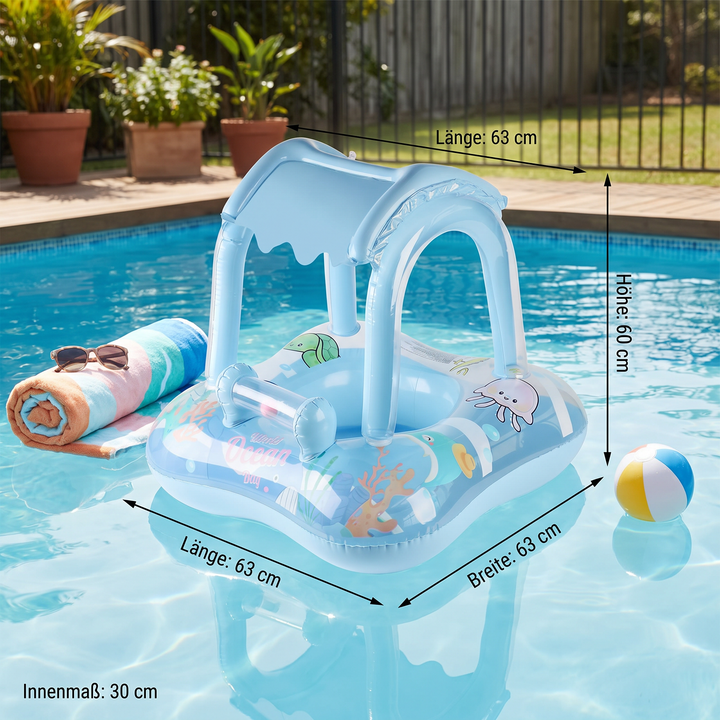 Baby Schwimmhilfe mit integriertem Sonnendach & maritimem Ozean-Motiv für Badespaß.