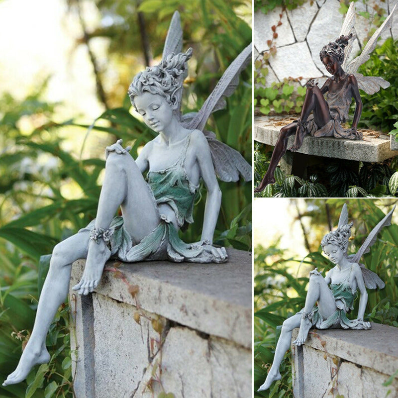 Wetterfeste Elfen Gartenfigur aus Harz für märchenhafte Gartendeko. Ideal als Outdoor-Skulptur.