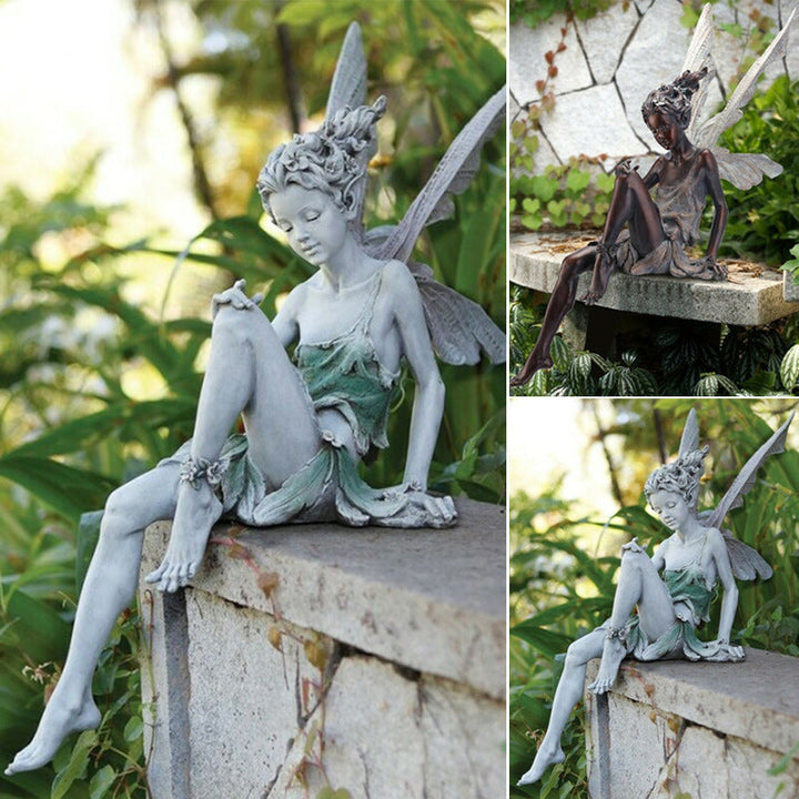 Wetterfeste Elfen Gartenfigur aus Harz für märchenhafte Gartendeko. Ideal als Outdoor-Skulptur.