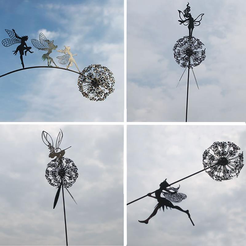 Zauberhafte Gartenfee Dekoration auf Löwenzahn, filigrane Metall Skulptur verzaubert jeden Außenbereich und Rasen.