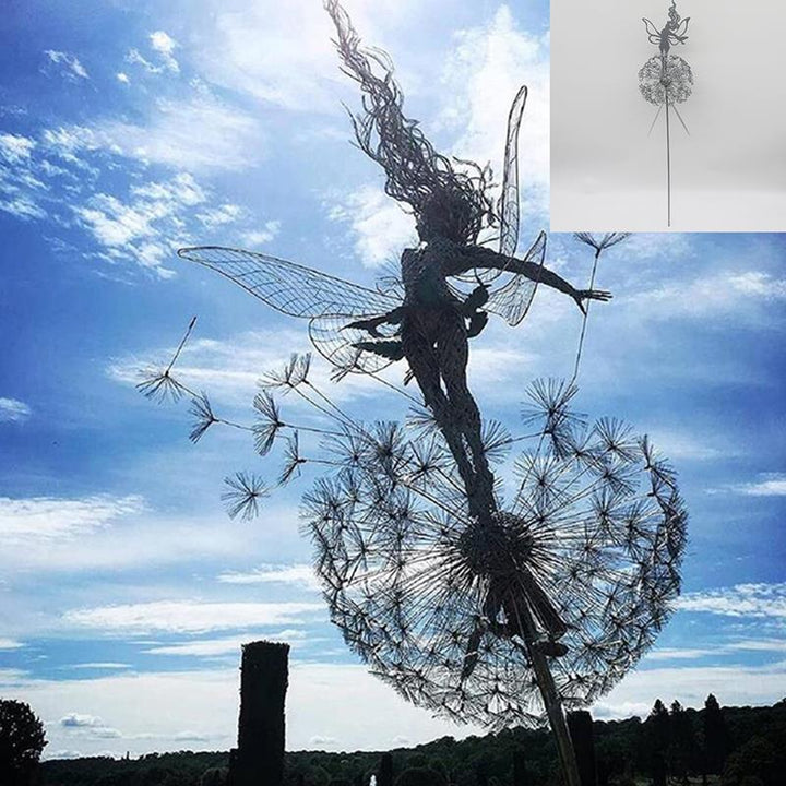 Einzigartige Feen & Löwenzahn Gartenfigur aus Metall, detailreich gestaltet, perfekt für zauberhafte Außenbereiche.