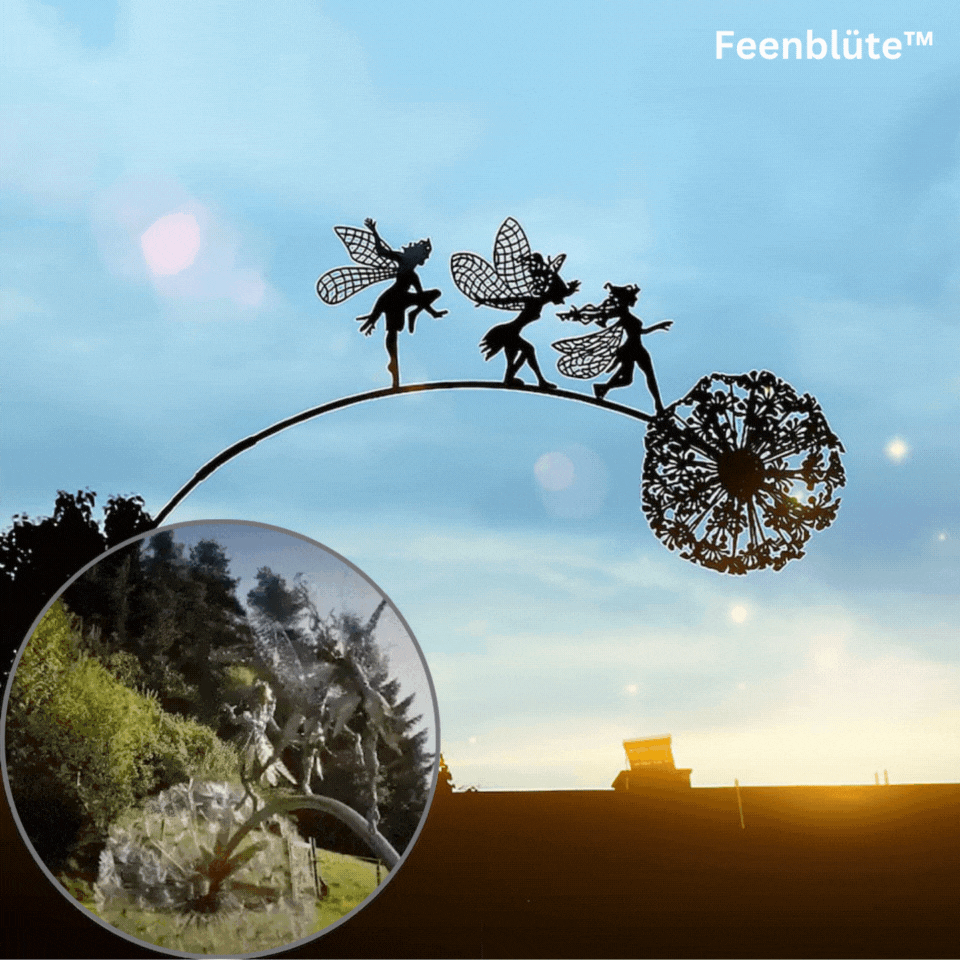 Wetterfeste Metall Gartenfigur "Fee & Löwenzahn" als elegante Gartendeko für Ihr Outdoor-Paradies.