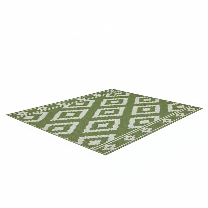Wetterfester Outdoor-Teppich im Boho-Stil, geometrisches Muster, pflegeleicht für Balkon & Terrasse.