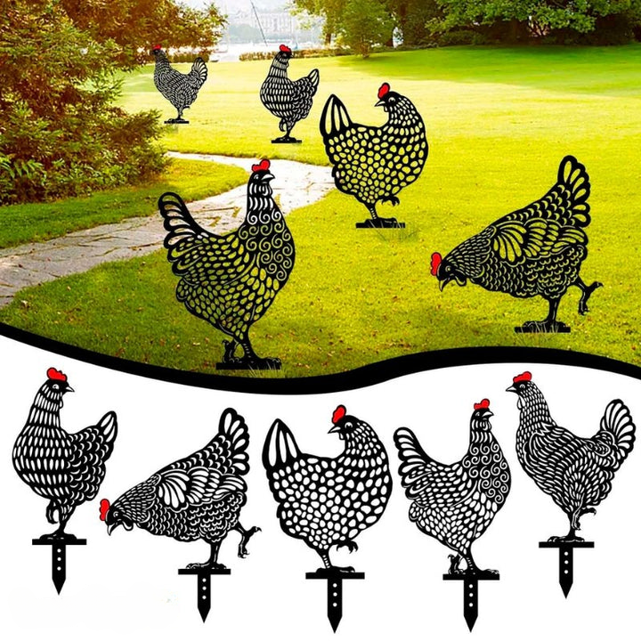 Wetterfestes Hühner Gartendekoration Set aus Acryl. Dekorative Gartenstecker für den Außenbereich.