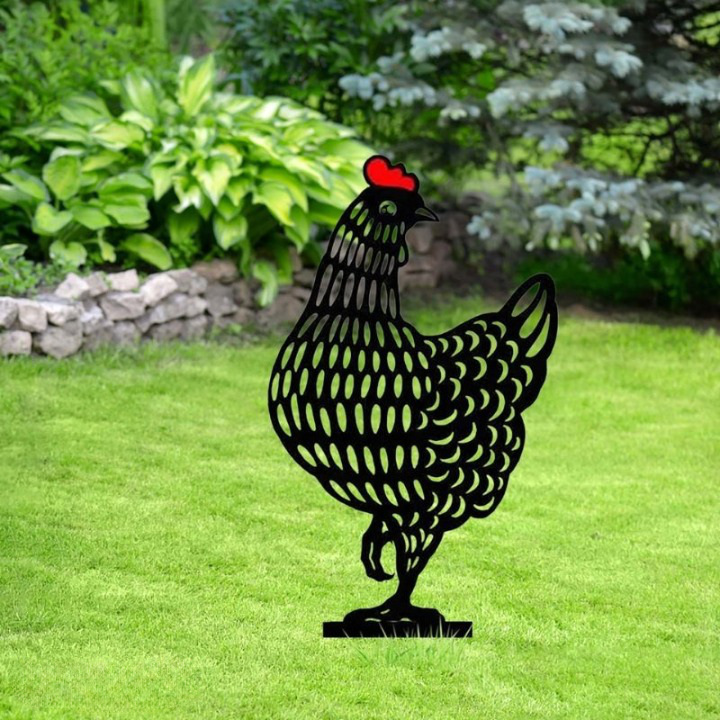 Detailansicht wetterfester Hühner Gartenstecker aus Acryl. Ideale Gartendekoration im Tierfiguren-Stil.
