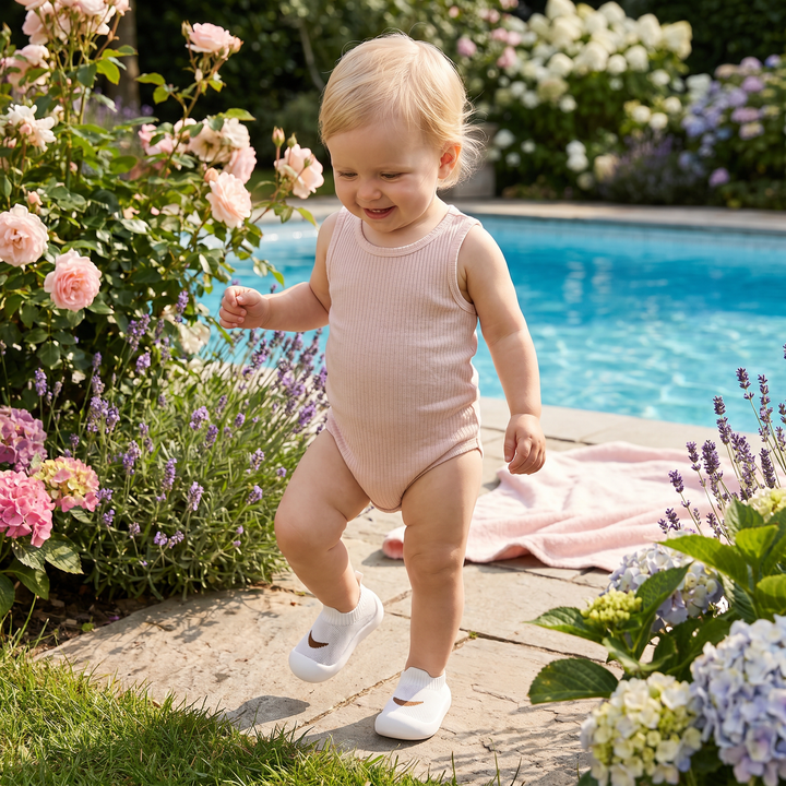 Bequeme, rutschfeste Baby-Sommerschuhe für die ersten Schritte des Kleinkindes.