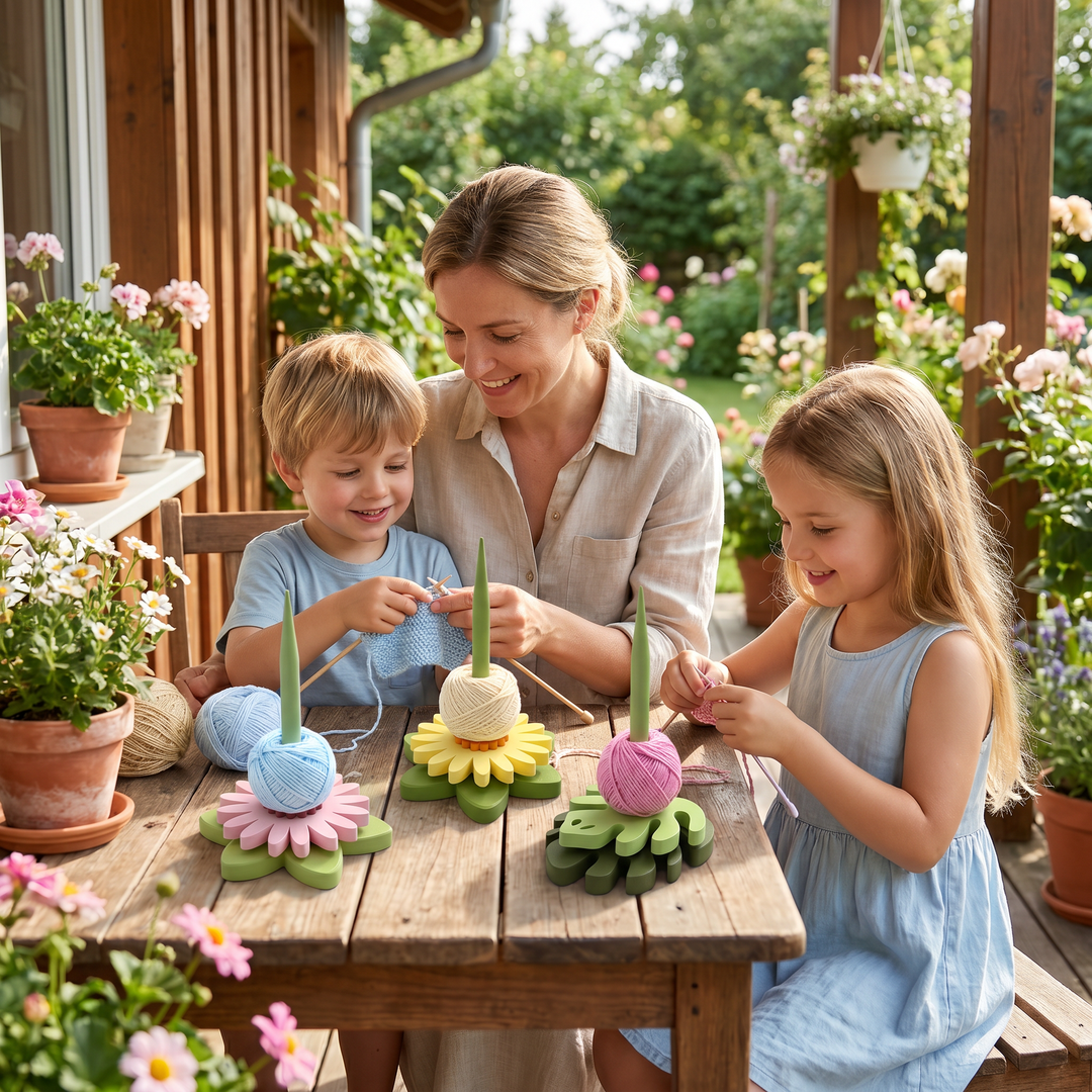 Detaillierter Blumen Garnhalter Ständer mit elegantem Blüten Design, ideal für Garn und Bastelzubehör.