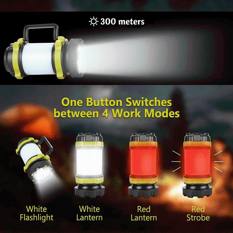 Vielseitige 4-in-1 Outdoor-LED-Laterne: Campinglaterne, Taschenlampe, Notlicht & Powerbank. Ideal für Survival.