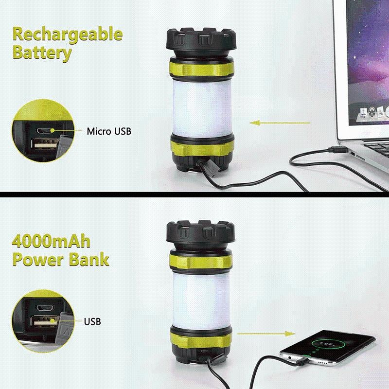 Wiederaufladbare LED-Laterne mit integrierter Powerbank. Perfekt als Notlicht und Outdoorlicht für Abenteuer.