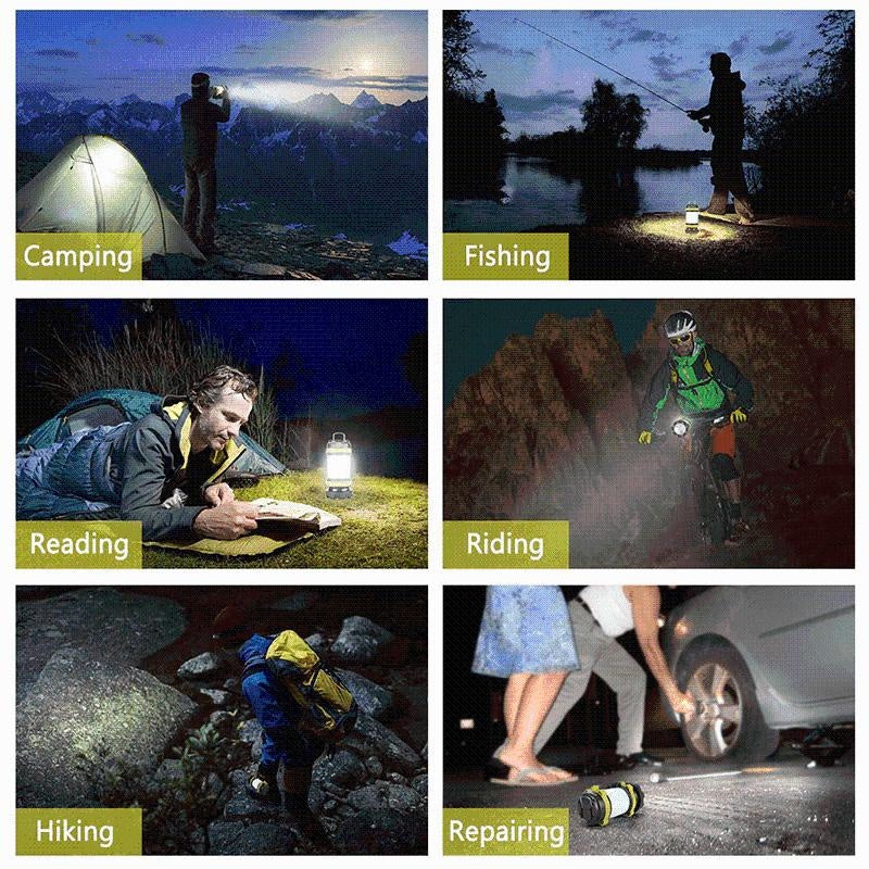 Helle LED-Campinglaterne mit Powerbank, unverzichtbar für Outdoor-Aktivitäten wie Camping, Angeln & Wandern.
