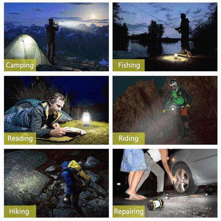 Helle LED-Campinglaterne mit Powerbank, unverzichtbar für Outdoor-Aktivitäten wie Camping, Angeln & Wandern.