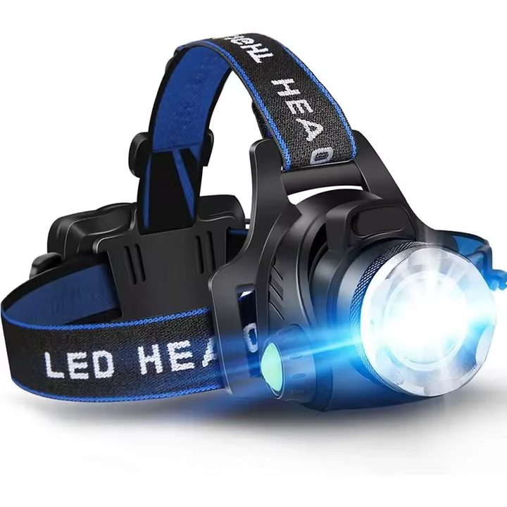 Wiederaufladbare LED Stirnlampe mit Zoom, ideal für Wandern, Camping und Outdoor-Abenteuer.
