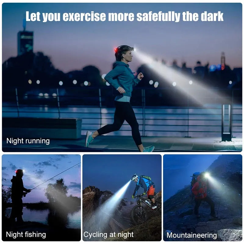 Ergonomische, wiederaufladbare Stirnlampe LED, perfekt für lange Campingausflüge und Trekking.