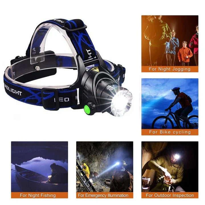 Zoom-Stirnlampe mit hellen LEDs, wasserfest und wiederaufladbar für jedes Abenteuer bereit.