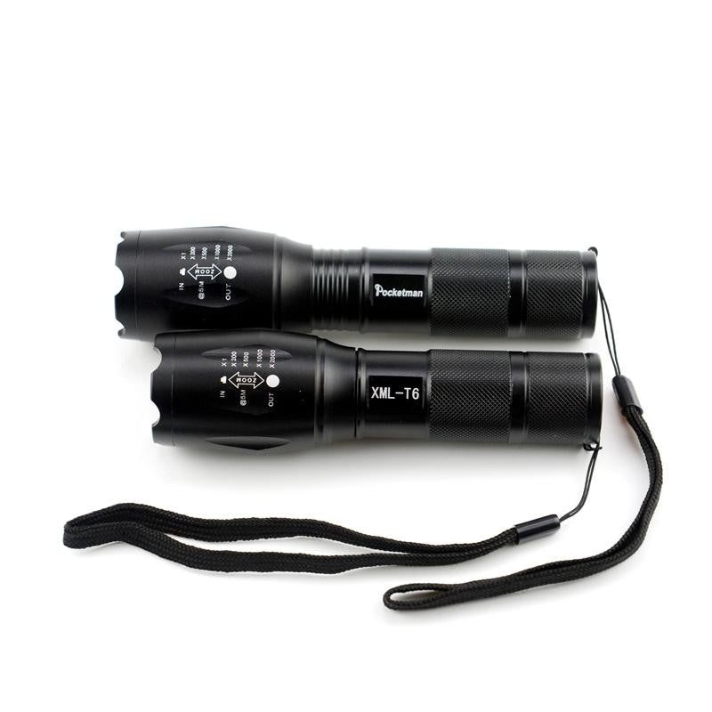 Robuste, wasserdichte LED Taschenlampe, ideal für Wandern und Überleben, mit Zoom-Funktion und Li-Ion Akku.