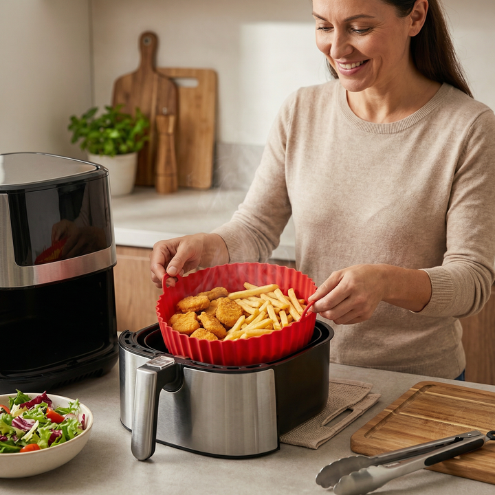 Wiederverwendbare Antihaft-Silikonform für Heißluftfritteuse, gesundes Kochen & einfache Reinigung.