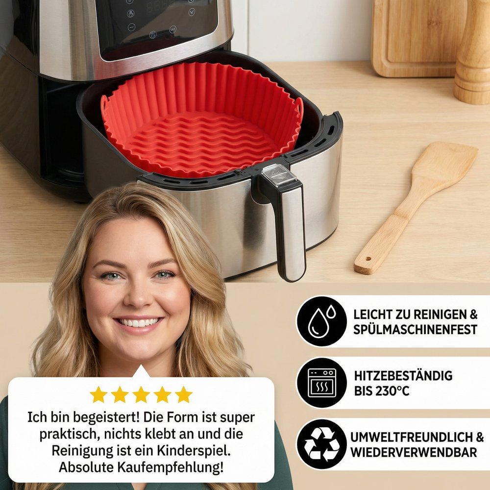 Antihaft-Silikonform, wiederverwendbar, spülmaschinenfest. Perfekter Fritteusen-Einsatz für gesunde Mahlzeiten.