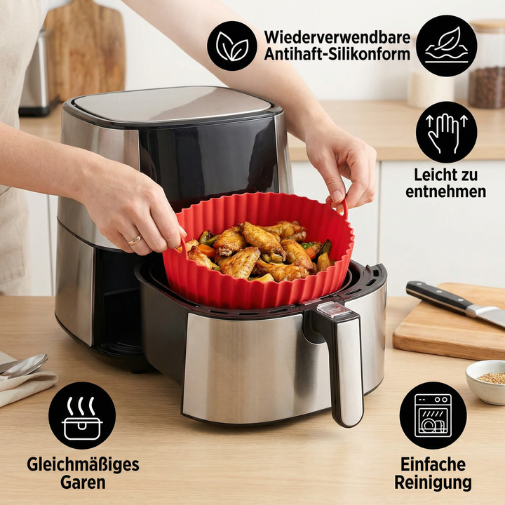 Umweltfreundliche Silikonform für Heißluftfritteuse. Antihaft, spülmaschinenfest, sorgt für saubere Küche.