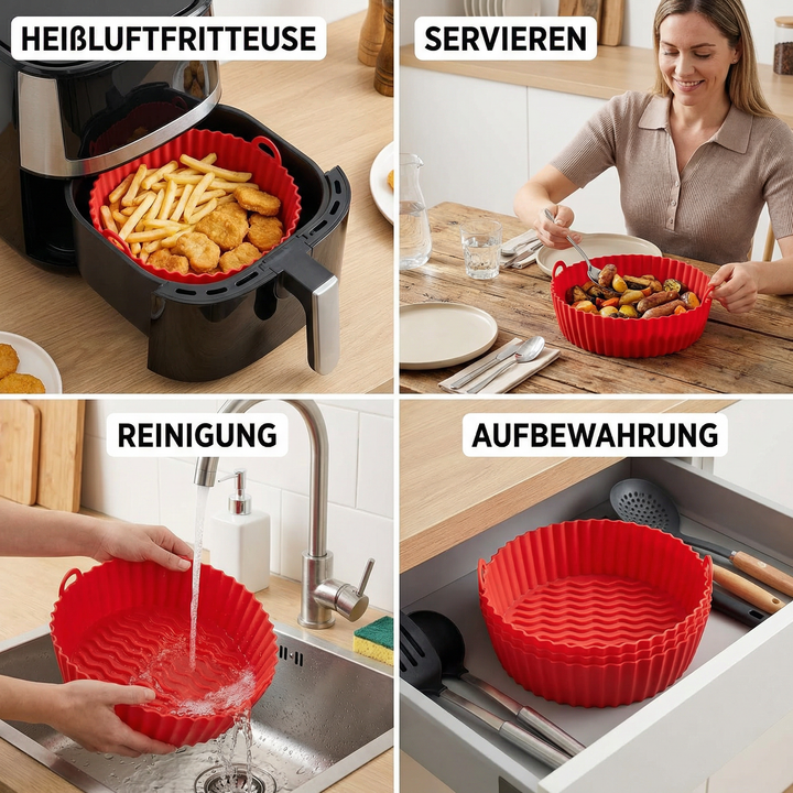 Praktischer Küchenhelfer: Antihaft-Silikonform für Heißluftfritteuse. Fettfrei kochen, leicht zu reinigen.