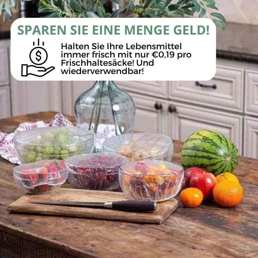 BPA-freie Frischhaltebeutel (100 Stk.) für sichere & wiederverwendbare Lebensmittellagerung. Umweltfreundliche Abdeckhauben.
