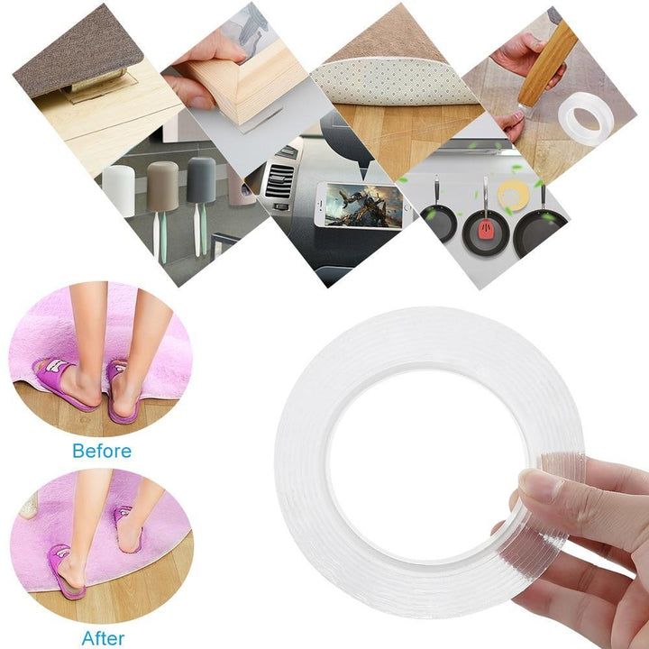 Ökologisches Nano Klebeband durch Wiederverwendbarkeit; starker Halt für Wandobjekte & Teppiche. Waschbar & robust.
