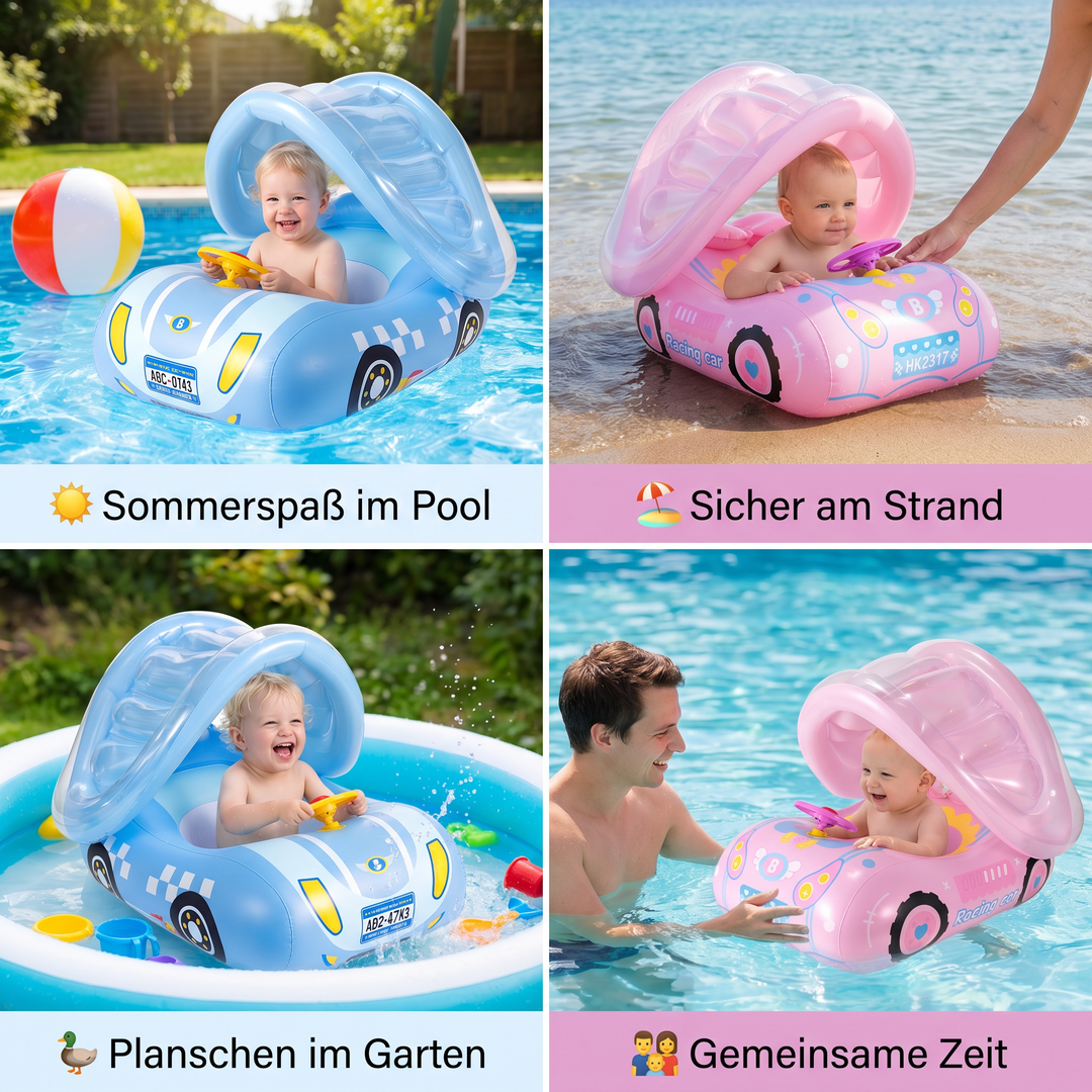 Sicherer Babyschwimmring als Auto für entspannten Wasserspaß unter der Sonne am Strand oder Pool.