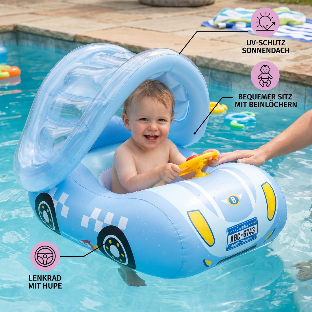 Schwimmhilfe für Kleinkinder: Auto-Design Schwimmring mit abnehmbarem Sonnendach und Lenkrad.