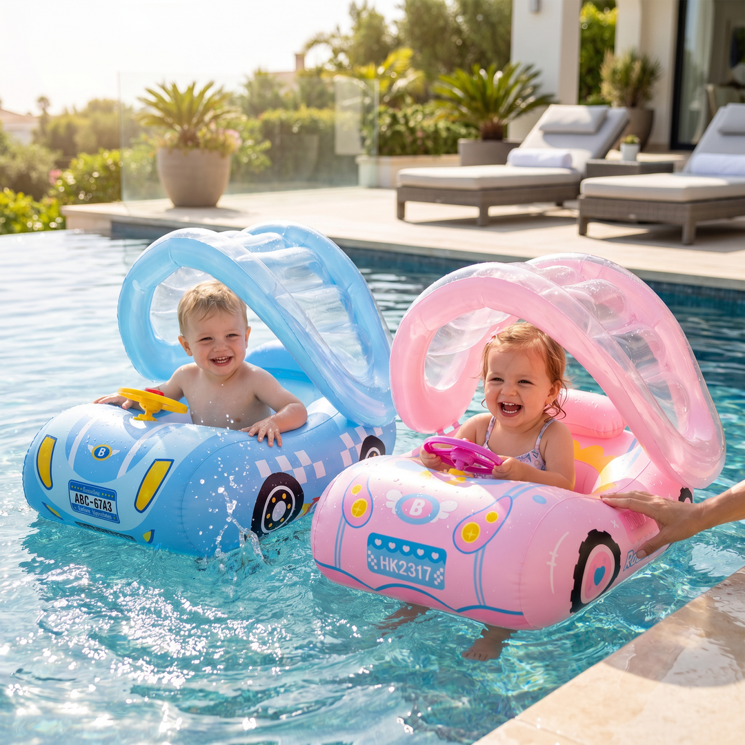 Baby Schwimmring Auto mit Sonnendach für sicheren Wasserspaß im Pool und Planschbecken.
