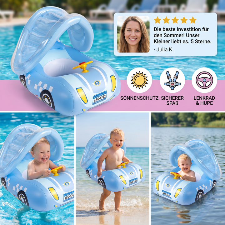 Kinderschwimmhilfe mit Dach: Baby planscht sicher und geschützt im Wasser mit diesem Schwimmring.