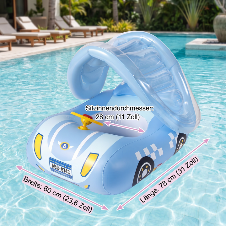 Fröhlicher Baby Schwimmring mit Auto-Lenkrad und Sonnendach für den Sommerpool und Badespaß.