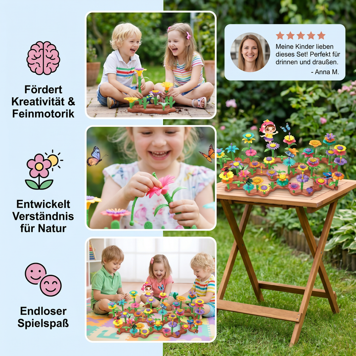 Kreatives Steckspiel mit Blumen und Formen, schult Feinmotorik & Koordination bei Kindern.