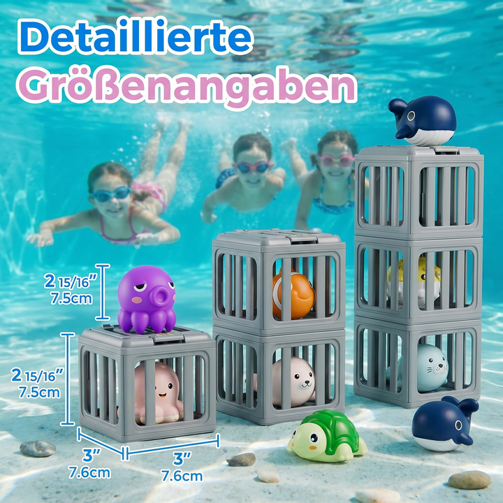 Vielfältiges Tauchspielzeug Set mit bunten Tauchringen und Tierfiguren für Kinder im Schwimmbad.