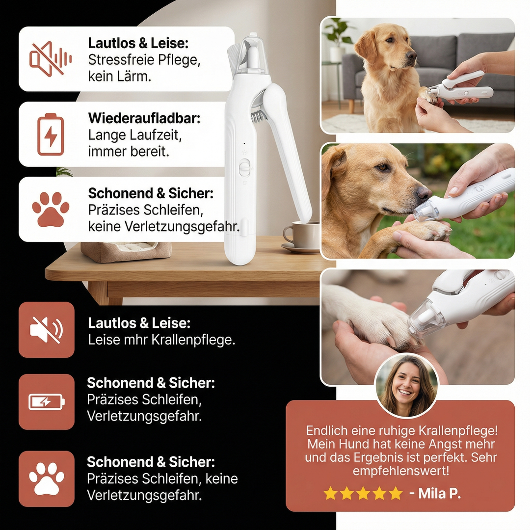 Hunde Krallenschneider & Krallenschleifer. Lautloses, wiederaufladbares 2-in-1 Gerät für einfache Hundepflege.
