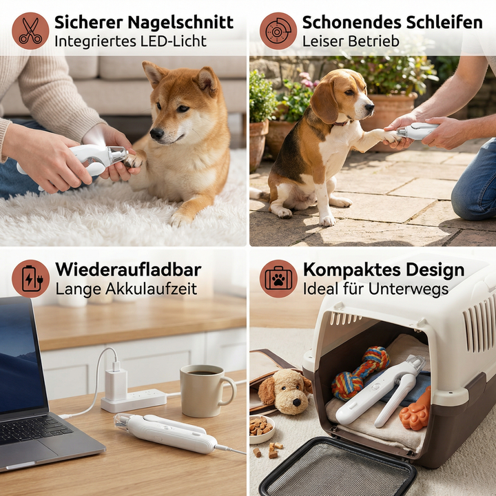 Detailaufnahme des 2-in-1 Hunde Krallenschleifers. Ergonomisch, lautlos und sicher für die präzise Krallenpflege.