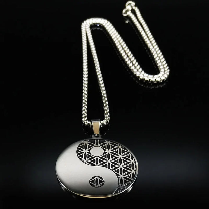 Unisex-Halskette mit Blume des Lebens Anhänger aus Edelstahl. Geometrischer spiritueller Mandala-Schmuck.
