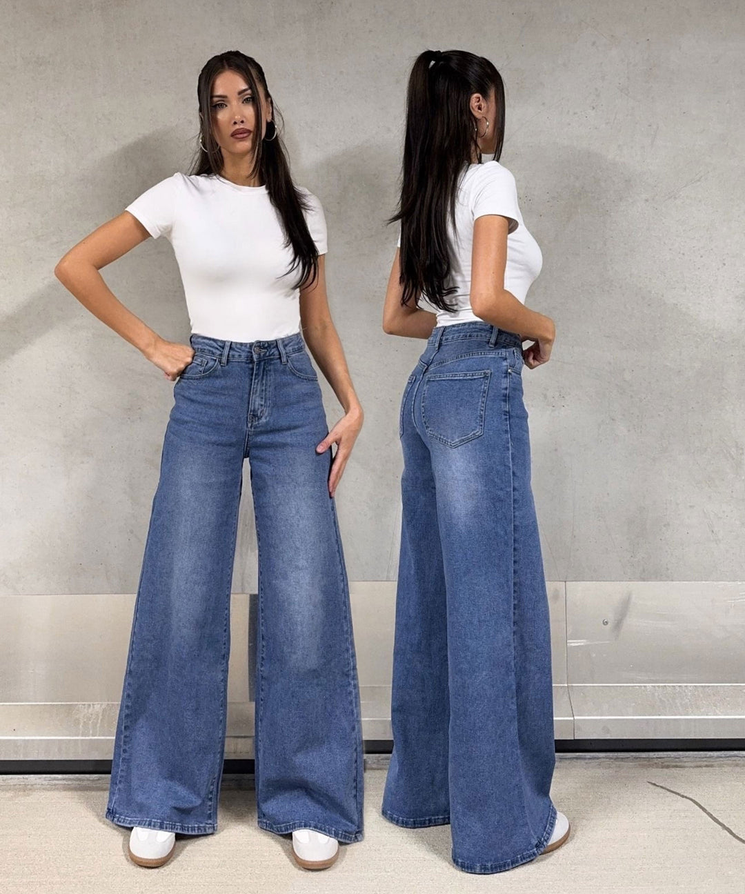 Dunkelblaue Damen Wide Leg Jeans mit weitem Bein für Freizeitmode & Komfort. Moderner Denim Style, Casual Look.