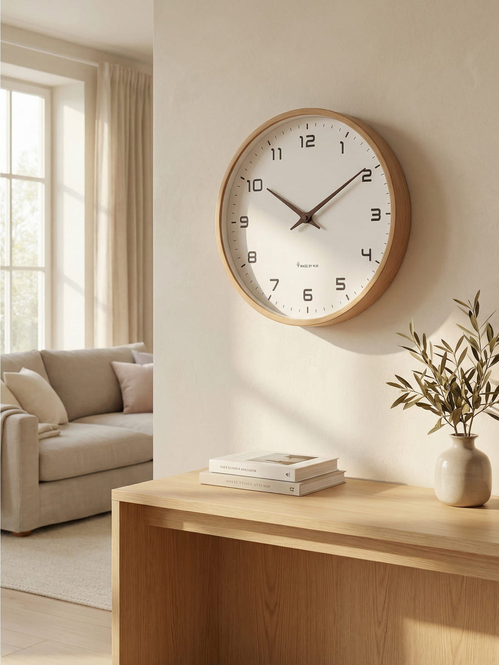 Elegante NordicTimber Wanduhr aus massivem Holz, geräuschlos, mit natürlicher Maserung in Braun/Creme.