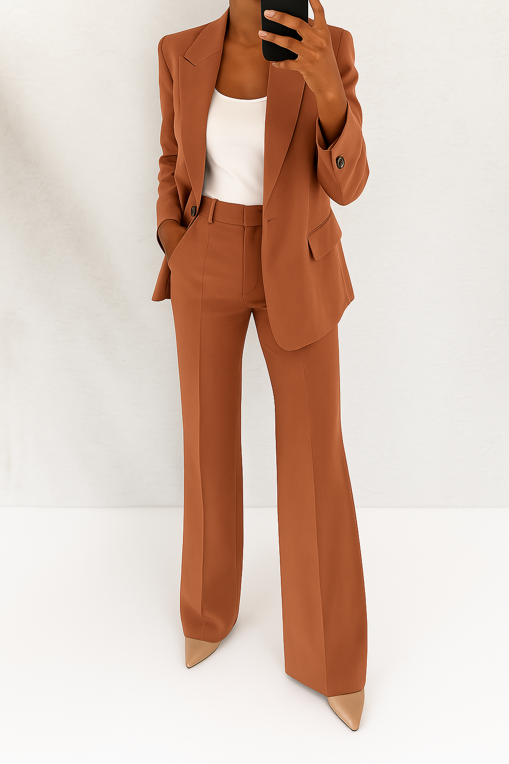 Damen Anzug mit Blazer und Hose. Zeitloses Set für professionelle Frauenkleidung und gehobene Büromode.
