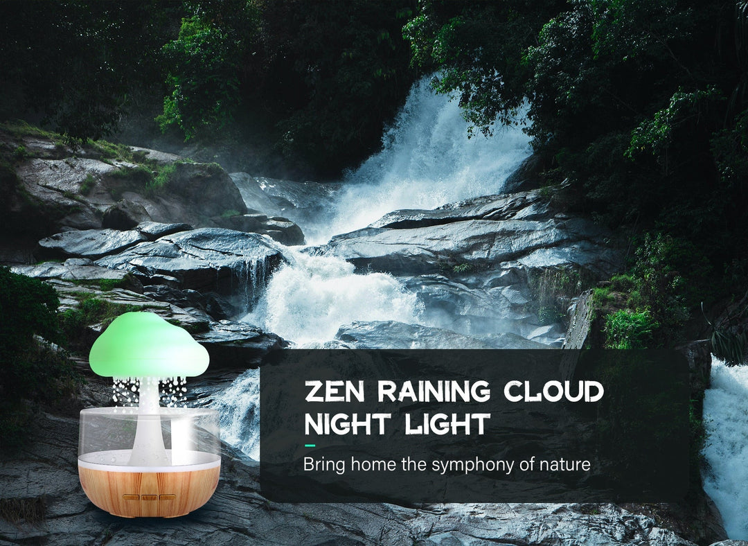 Zen Regenwolke Diffusor mit realistischem Regengeräusch, Luftbefeuchter & Aroma-Funktion für tiefe Entspannung.