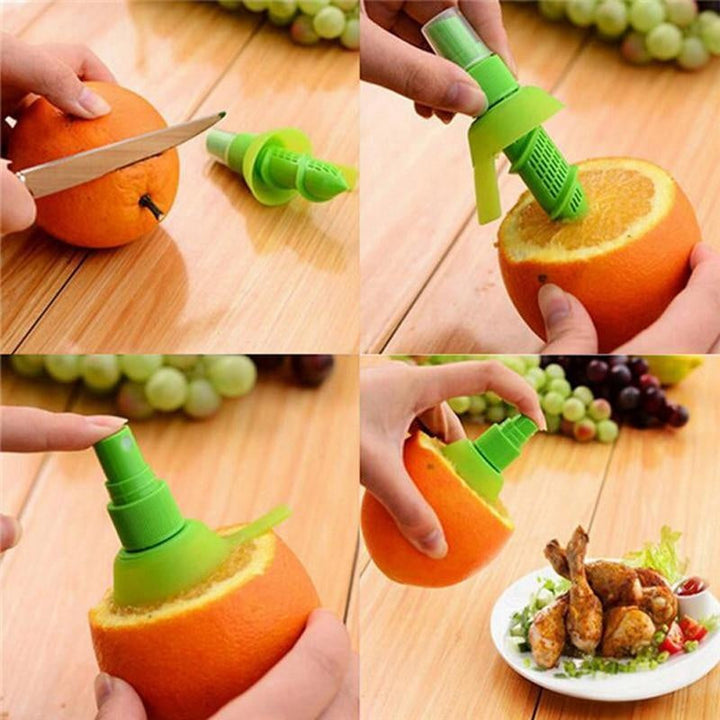 Zitrus-Saftsprüher verteilt frischen Zitronensaft über Salat. Gesundes Kochen mit direktem Geschmack.
