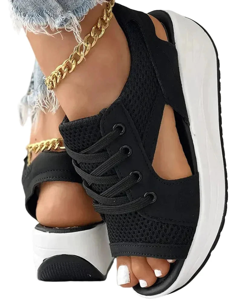 Damen Orthopädische Schnür-Sandalen in Schwarz, bequem & rutschfest für sommerliche Freizeit.